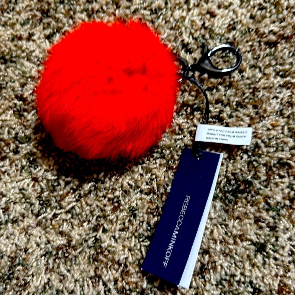 NWT Rebecca Minkoff Rabbit Fur Red Pom Pom Purse Keychain Charm